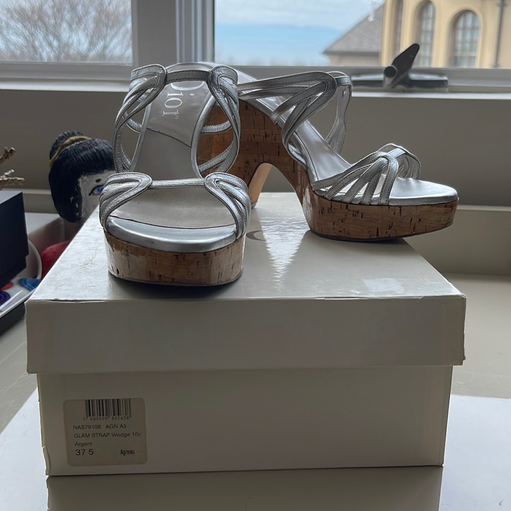 Dior Metallic Silver Wedge Platform Slide Sandals Size 37.5